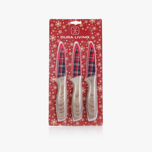 Dura Living 3-piece holiday gingham paring knife set with blade guards, ideal for kitchen prep and festive cooking.