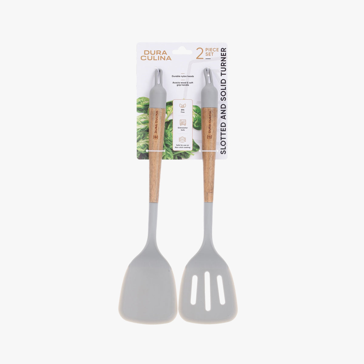 Dura Living 2-piece kitchen turner set with acacia wood handles, non-stick nylon heads, soft grip, and heat resistance.
