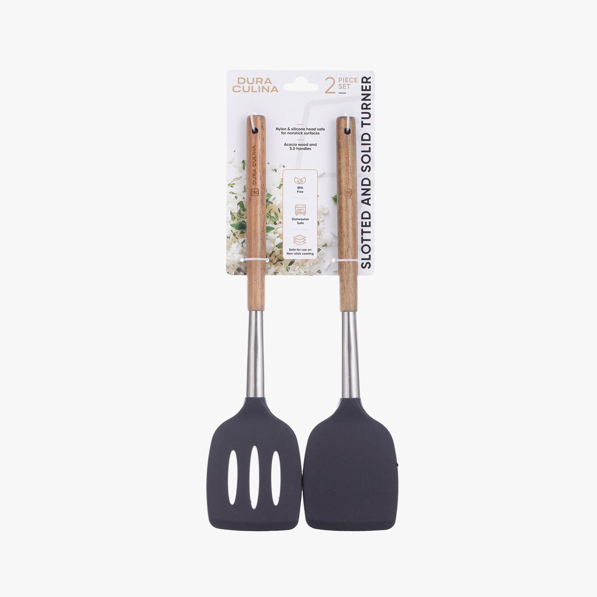 Set of two Dura Living kitchen turners with acacia wood and stainless steel handles, silicone heads, ideal for non-stick cookware.
