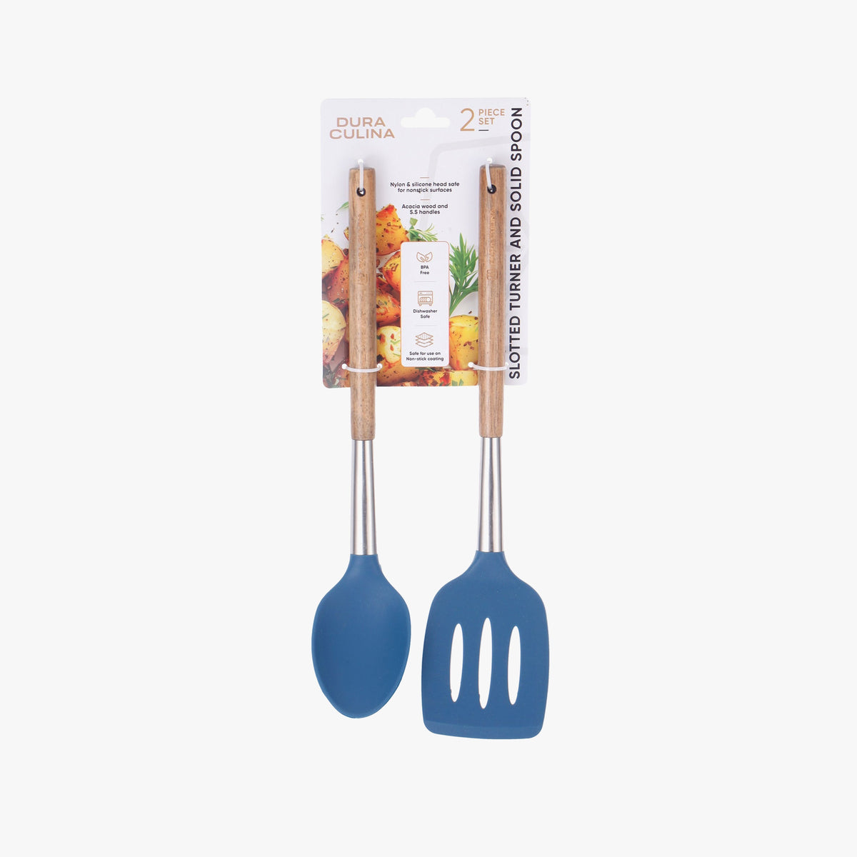 2-Piece Solid Spoon & Slotted Turner Set - Acacia Wood & Stainless Steel Handles, Silicone Heads, Non-Stick Safe, Navy