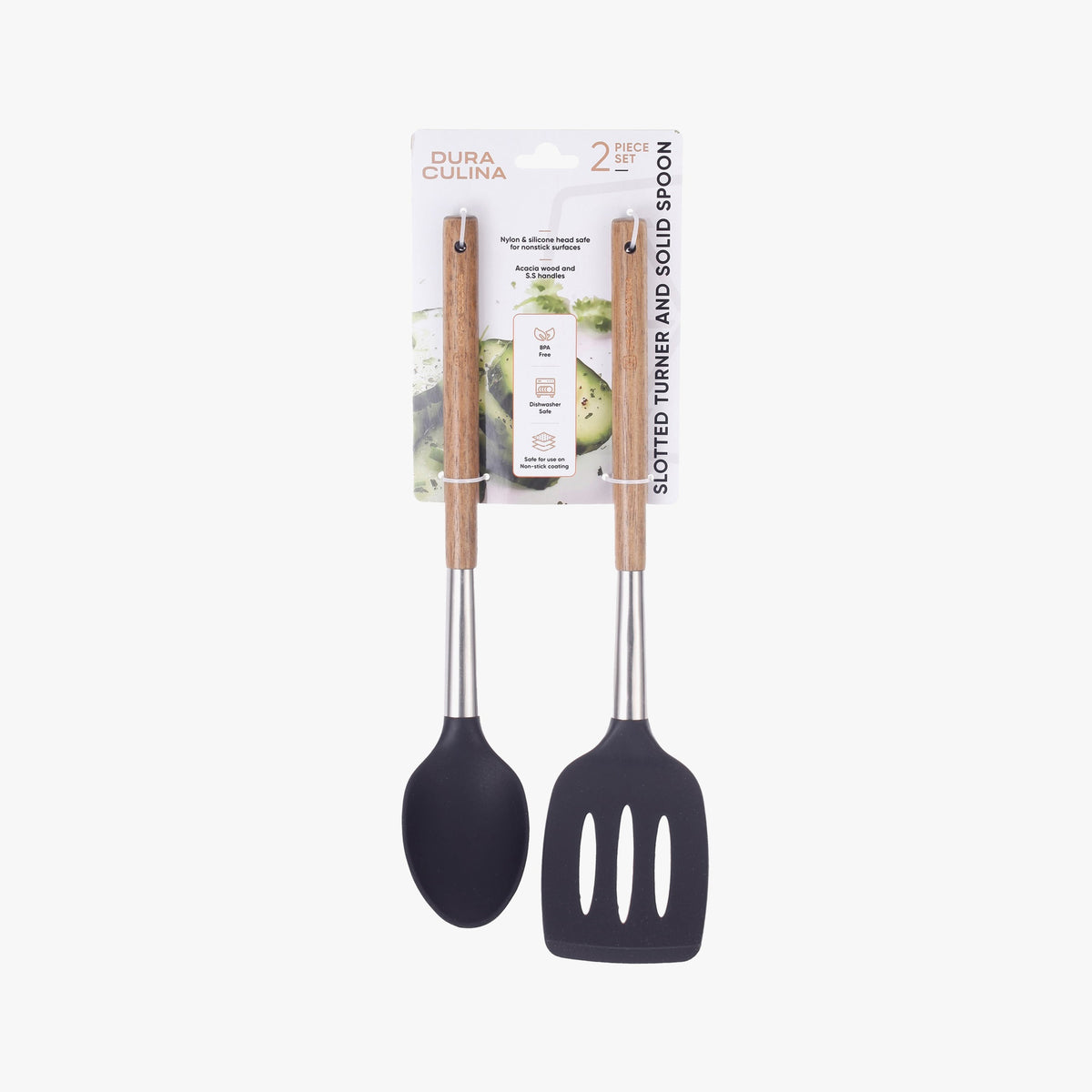 Dura Living 2-piece kitchen utensil set with acacia wood and stainless steel handles, includes solid spoon and slotted turner with silicone heads