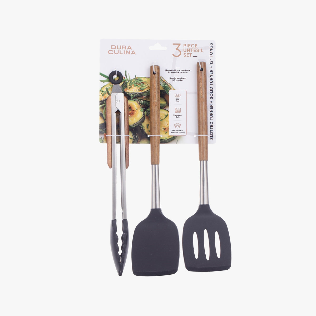 Set of three Dura Living kitchen tools with acacia wood and stainless steel handles, silicone heads, ideal for non-stick cookware.