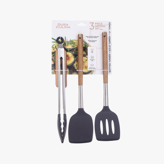Set of three Dura Living kitchen tools with acacia wood and stainless steel handles, silicone heads, ideal for non-stick cookware.