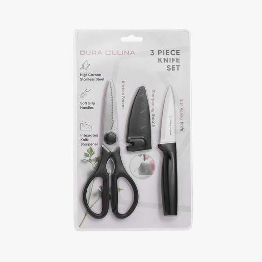Dura Living 3-piece kitchen knife set with paring knife, multi-purpose shears, and blade guard with built-in sharpener on a wooden surface.