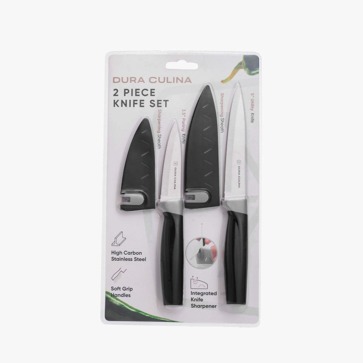 Dura Living 2-piece kitchen knife set with paring and utility knives, matching blade guards, and built-in sharpener on a wooden surface.
