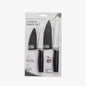 Dura Living 2-piece kitchen knife set with paring and utility knives, matching blade guards, and built-in sharpener on a wooden surface.