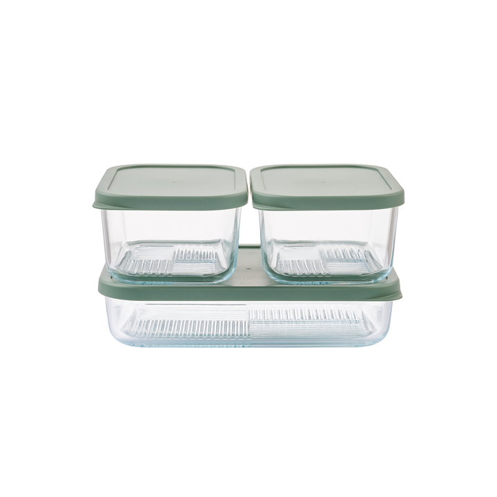Dura Living Container Culture 6-piece glass food storage set with soft sage lids, includes various size airtight glass containers.