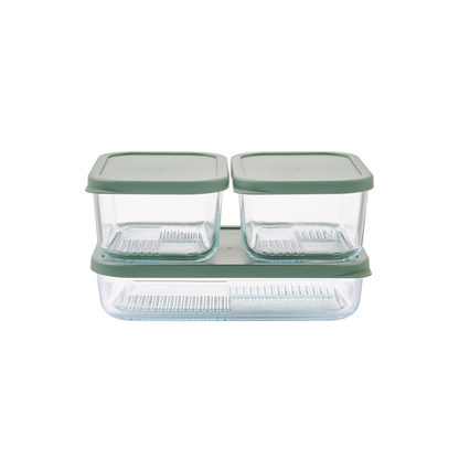 Dura Living Container Culture 6-piece glass food storage set with soft sage lids, includes various size airtight glass containers.