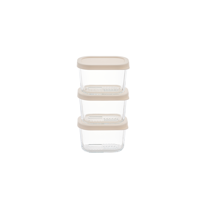 Six Dura Living glass food storage containers with airtight lids, 3 of 10.5oz, Vanilla Mist color, ideal for kitchen organization.