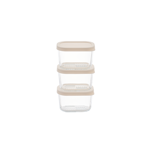 Six Dura Living glass food storage containers with airtight lids, 3 of 10.5oz, Vanilla Mist color, ideal for kitchen organization.