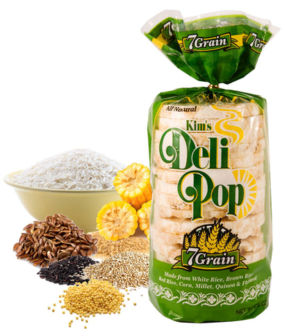 Kim's Magic Pop Kim's Deli Pop 7-Grain flavor snack in clear packaging with visible crispy rice crackers