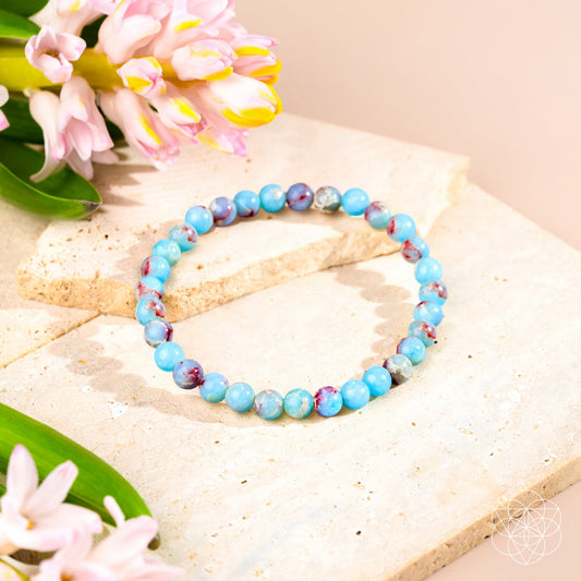 Conscious Items Empath’s Shield Aqua Terra Jasper bracelet with 6mm beads, featuring natural stone and silver accents.