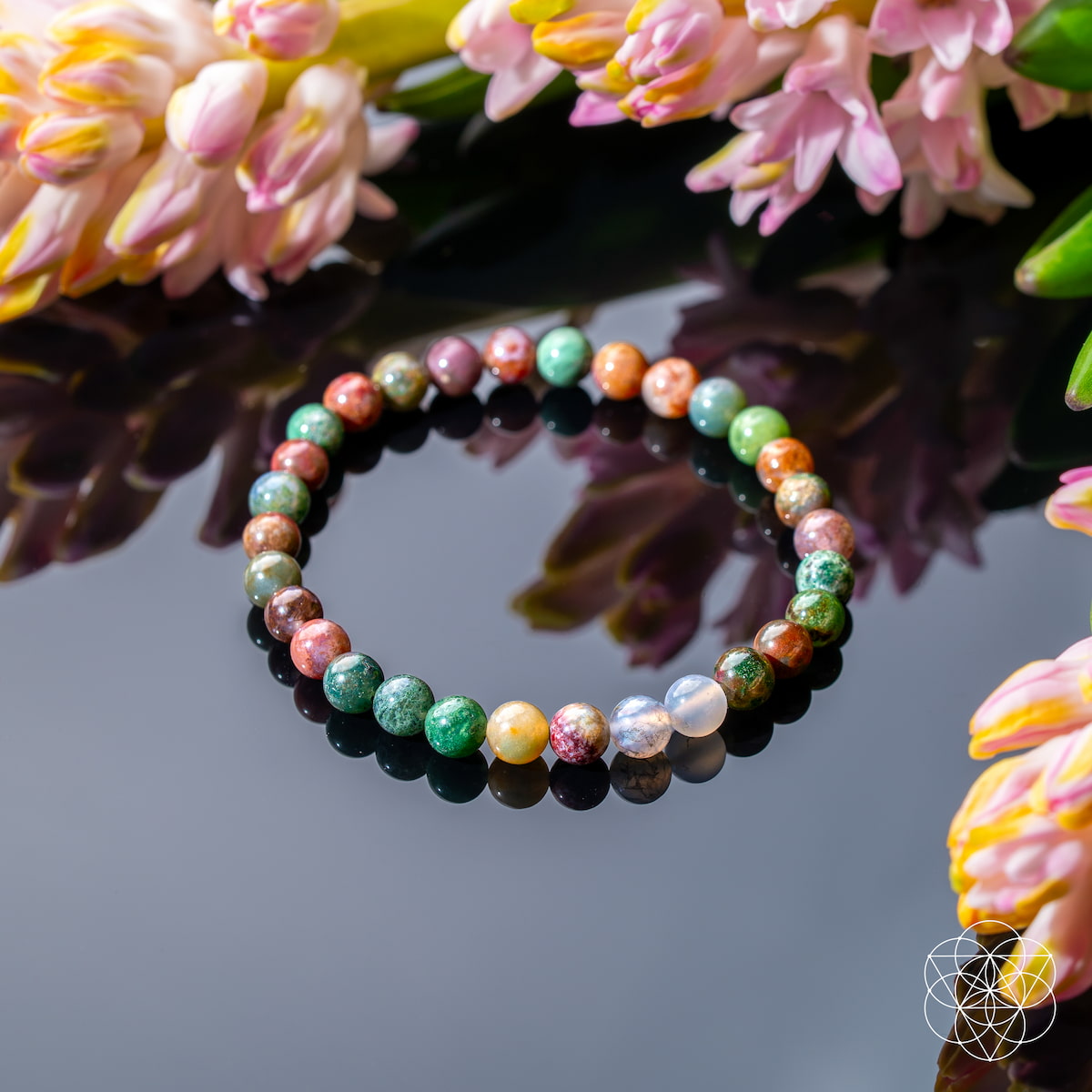 Conscious Items 6mm The Energy Bracelet featuring smooth beads, worn on a person's wrist for stylish wellness accessory.