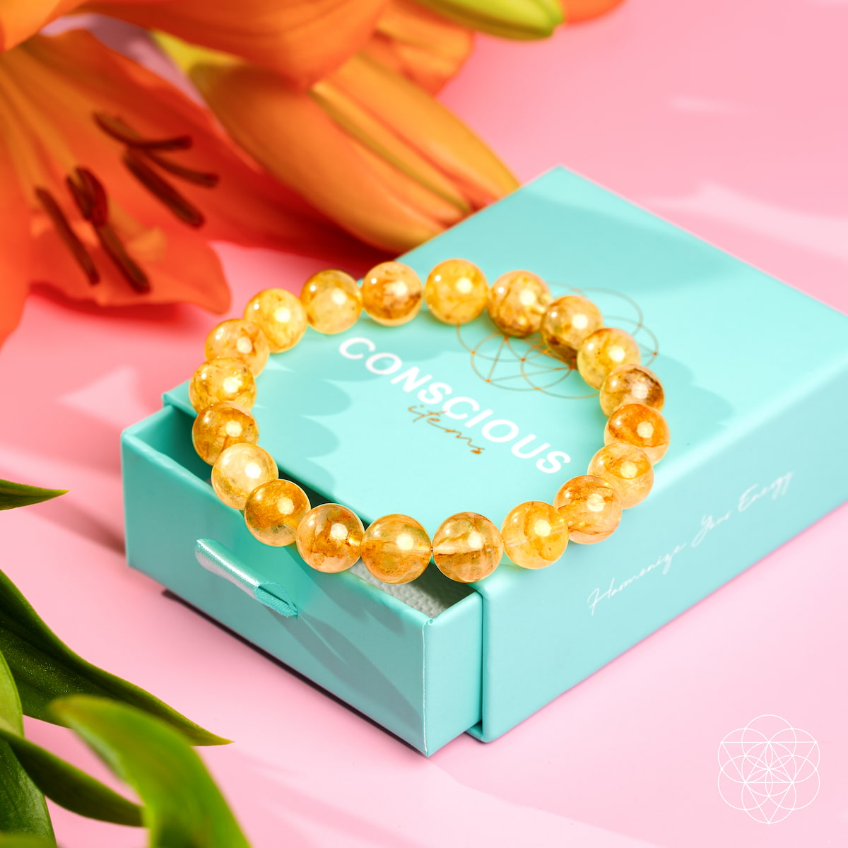 Golden Healer Quartz bracelet by Conscious Items featuring polished golden crystal beads on an elastic band.