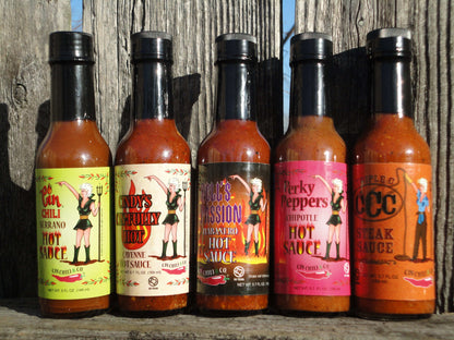 Cinderosa Ranch Anthony's Pack Cin Chili's First 5 Hot Sauces combo with five colorful hot sauce bottles on a white background.