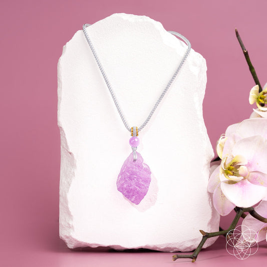 Pink Kunzite pendant necklace by Conscious Items featuring a large pink Kunzite gemstone on a delicate chain.