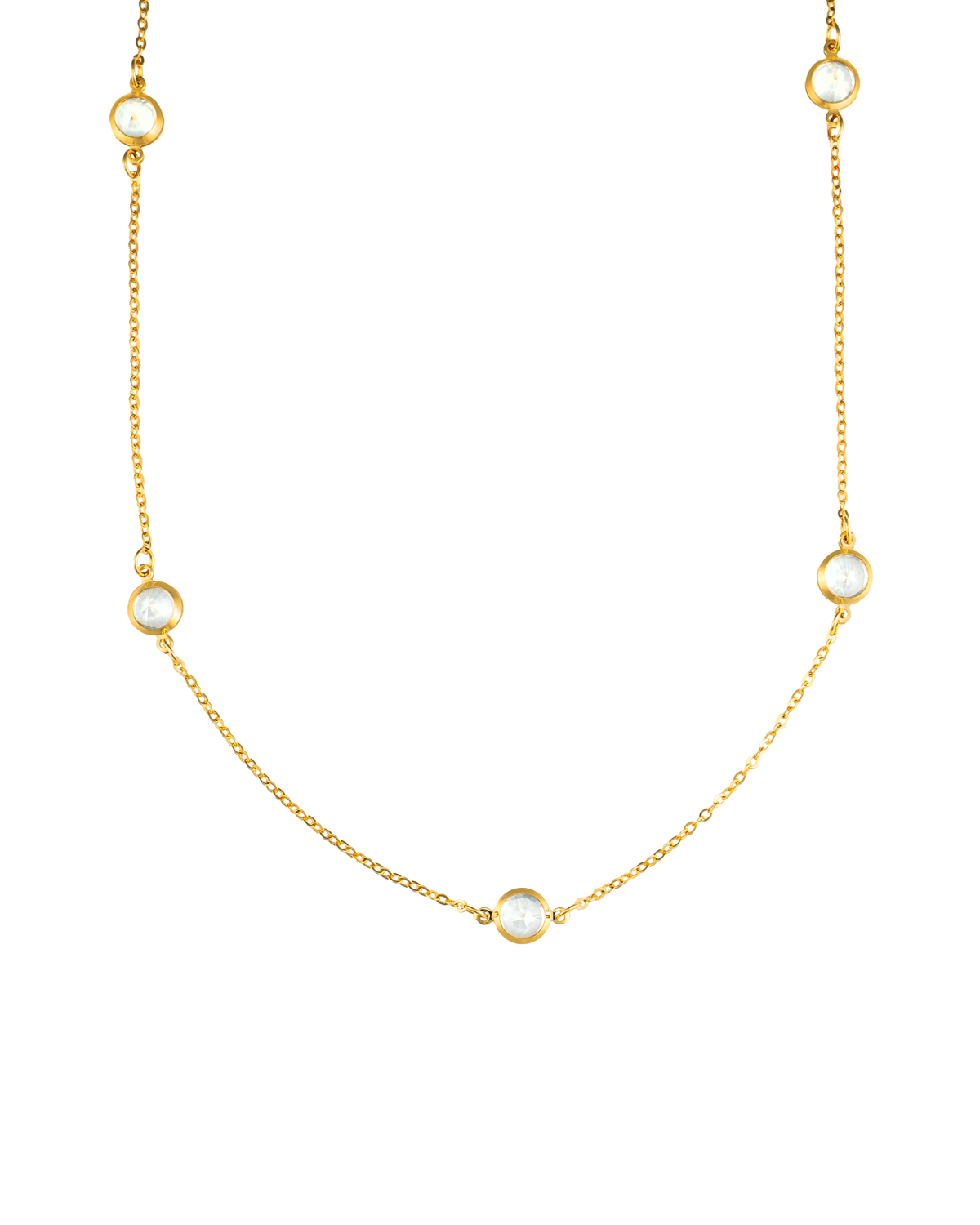 Dainty MIA Jewelry necklace with round clear CZ cubic zirconia stones, delicate chain and sparkling gemstone accents.