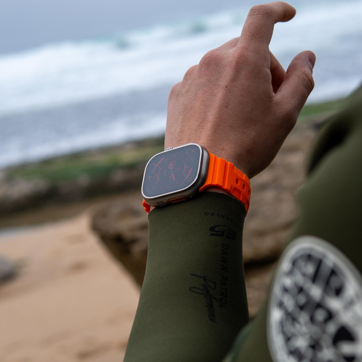 Robust sport band attached to a fitness tracker, black silicone strap with adjustable buckle for comfortable active wear