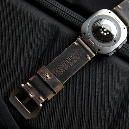 Robust Leather Strap R01 for Samsung Galaxy Watch Ultra, brown genuine leather band with stitching details on a watch face.