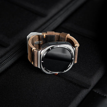Robust Leather Strap R01 for Samsung Galaxy Watch Ultra, brown genuine leather band with stitching detail.