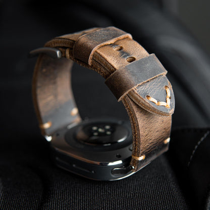 Robust Leather Strap R01 for Samsung Galaxy Watch Ultra, brown genuine leather band with stitching detail.