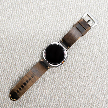 Robust Leather Strap R01 attached to Samsung Galaxy Watch Ultra, showcasing a stylish and durable watch band on a sleek smartwatch.
