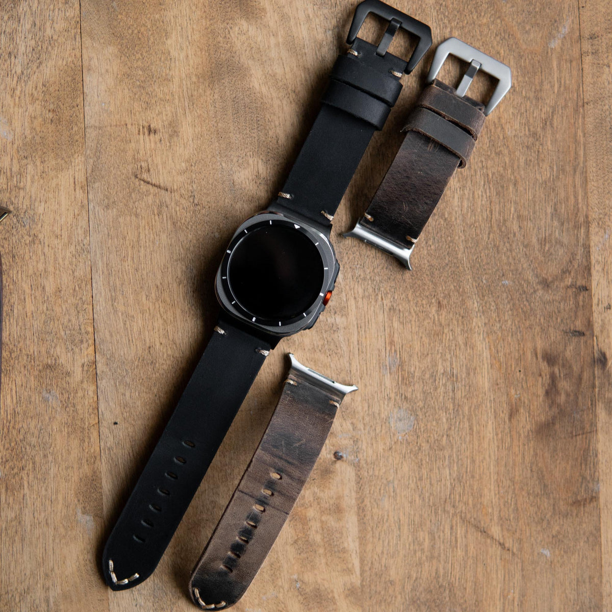 Robust Leather Strap R01 for Samsung Galaxy Watch Ultra, brown genuine leather band with stainless steel buckle on white background