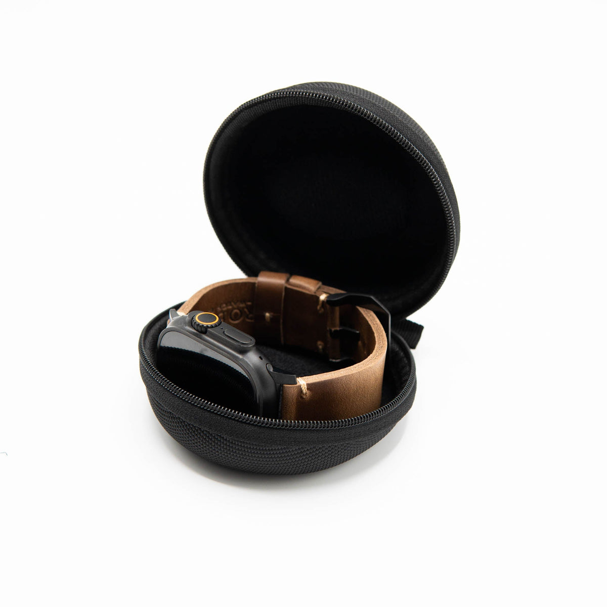 Robust watch travel case with padded interior and zipper closure, designed to protect and organize wristwatches during travel.