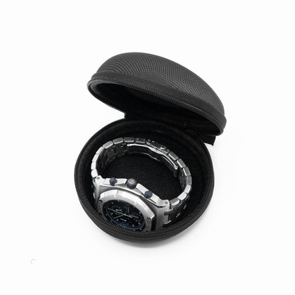 Robust watch travel case with black exterior and padded interior for storing and protecting wristwatches during travel.