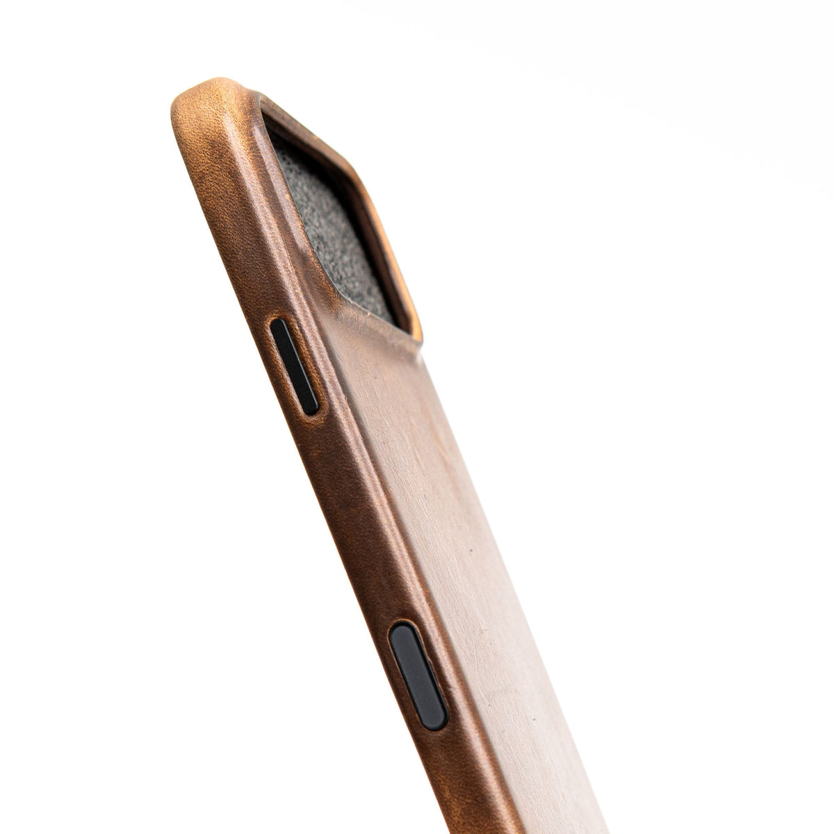 Leather case by Robust with a cutout window and side button, designed for a mobile device, in a brown color.