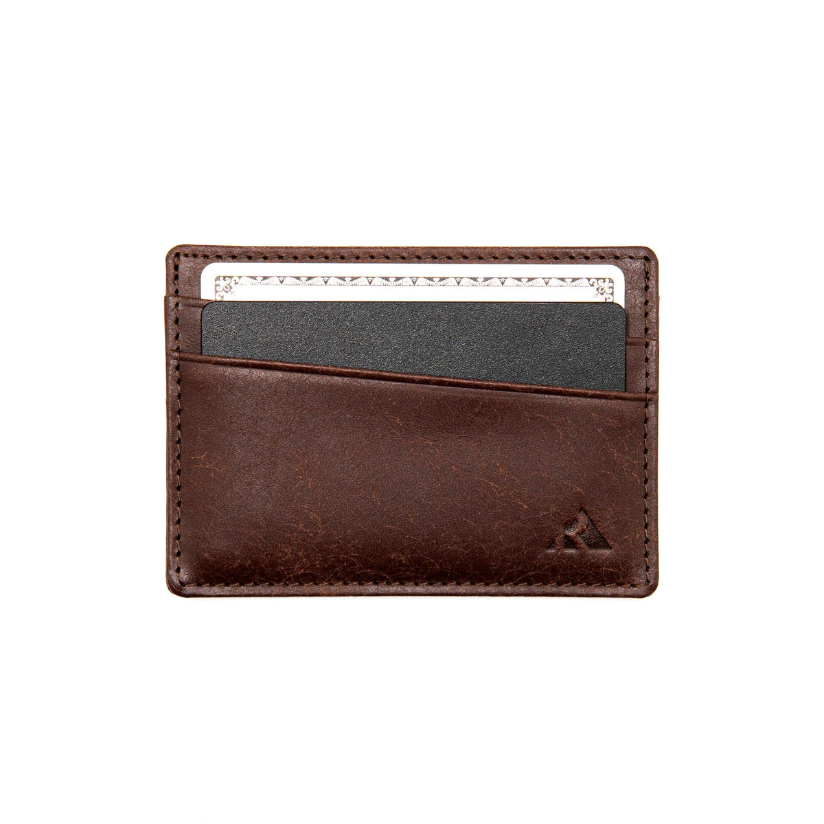 Robust leather card holder with multiple card slots and sleek design, shown in close-up detail.