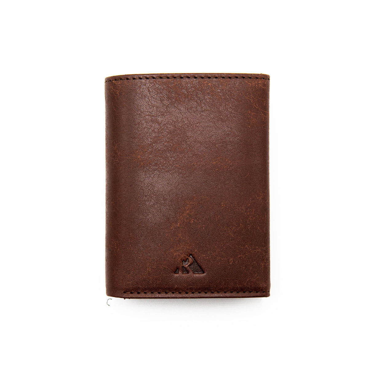 Leather wallet in brown with stitched edges and a small embossed logo at the bottom corner.