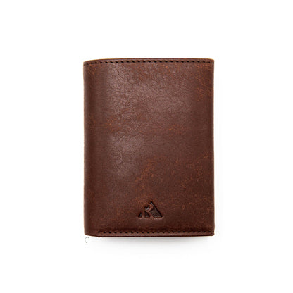 Leather wallet in brown with stitched edges and a small embossed logo at the bottom corner.