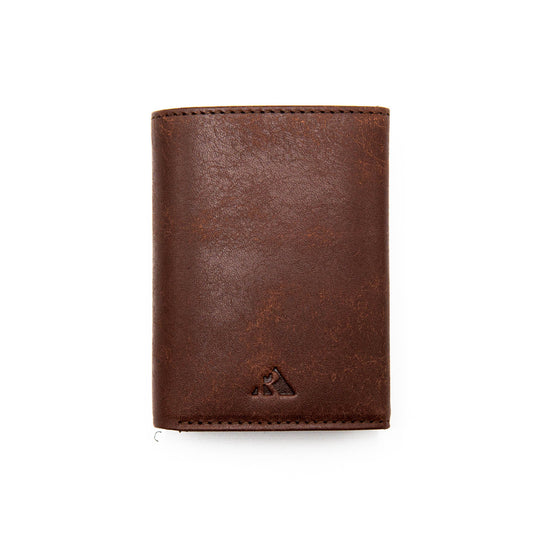Leather wallet in brown with stitched edges and a small embossed logo at the bottom corner.