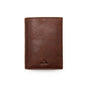 Leather wallet in brown with stitched edges and a small embossed logo at the bottom corner.