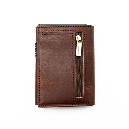 Leather wallet with a front zipper pocket, brown color, and stitched edges, branded Robust.