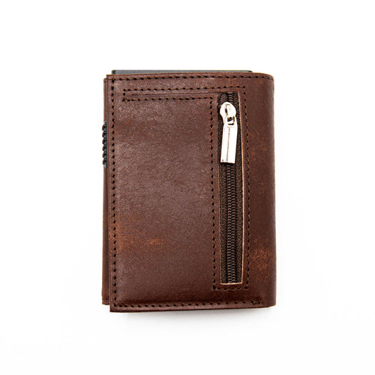 Leather wallet with a front zipper pocket, brown color, and stitched edges, branded Robust.
