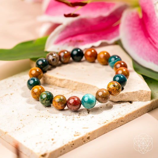 Ocean Jasper bracelet from Conscious Items with polished round beads, designed to promote calm and mindfulness.
