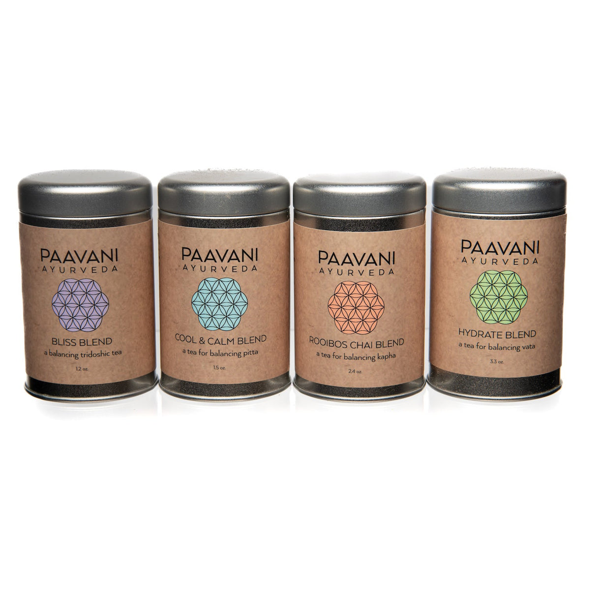 Herbal tea stack from Paavani Ayurveda Skincare and Wellness, featuring a collection of traditional Ayurvedic herbal teas in simple packaging.