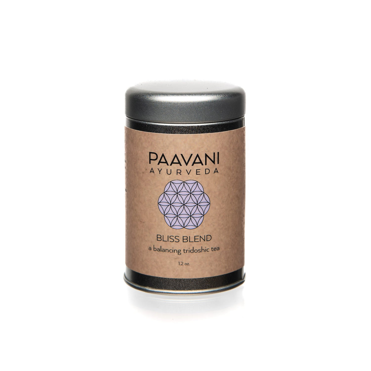 Tridoshic herbal tea by Paavani Ayurveda Skincare for relaxation and harmony, with a simple tea bag and calming packaging.