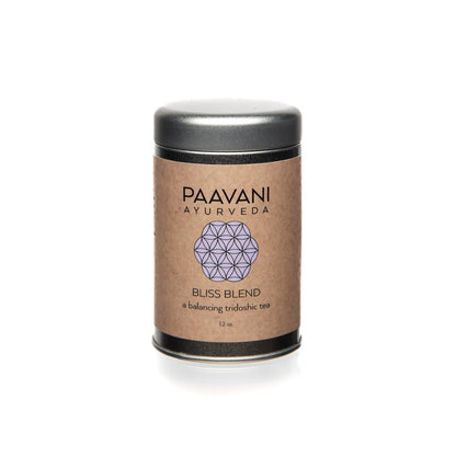 Tridoshic herbal tea by Paavani Ayurveda Skincare for relaxation and harmony, with a simple tea bag and calming packaging.