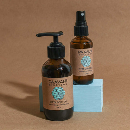 Balanced Being Stack Ayurvedic set for dosha balance by Paavani Ayurveda Skincare and Wellness, featuring natural herbs and ingredients.