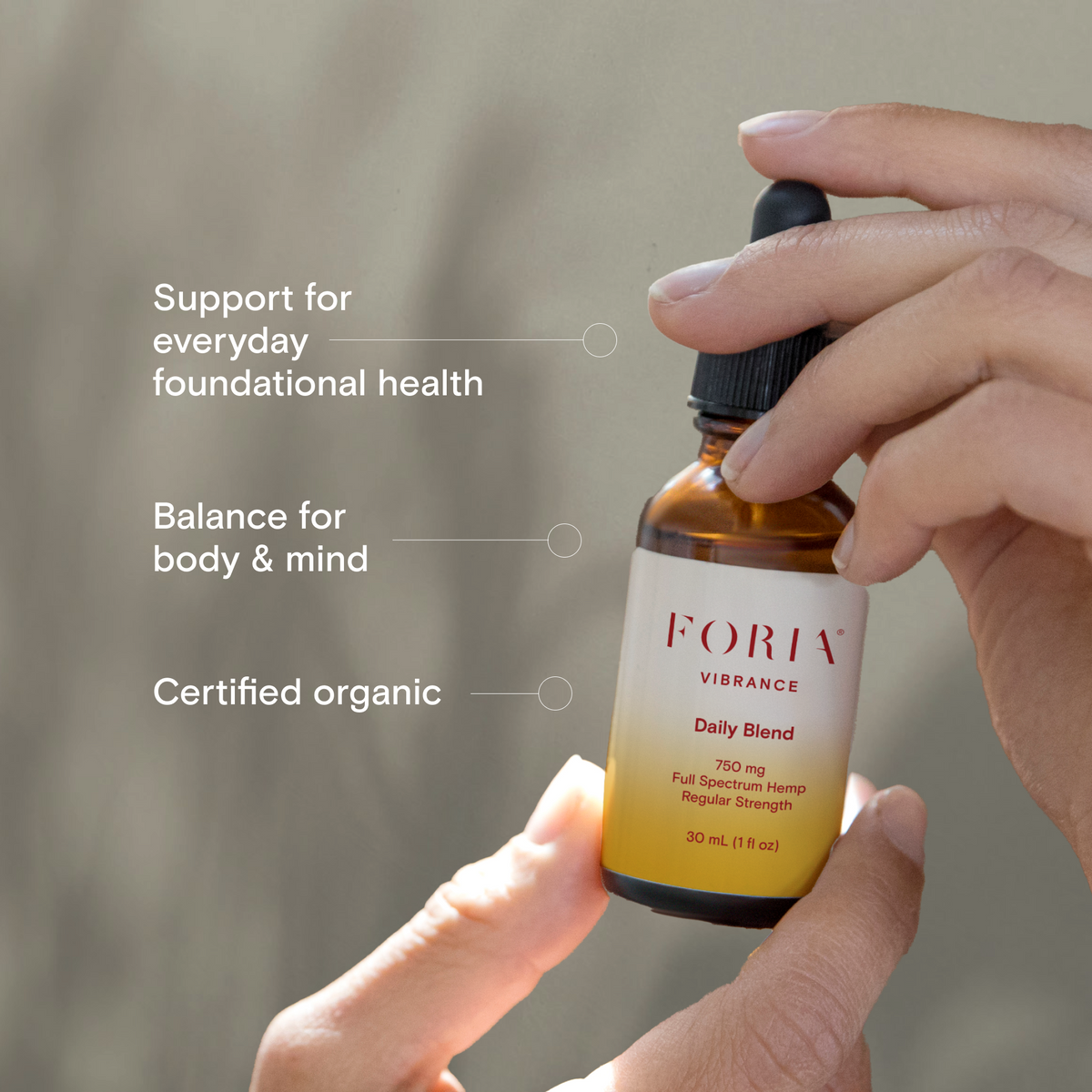 Infographic illustrating Foria Daily Blend oils and tinctures, showing bottle, ingredients, and usage tips for daily wellness.