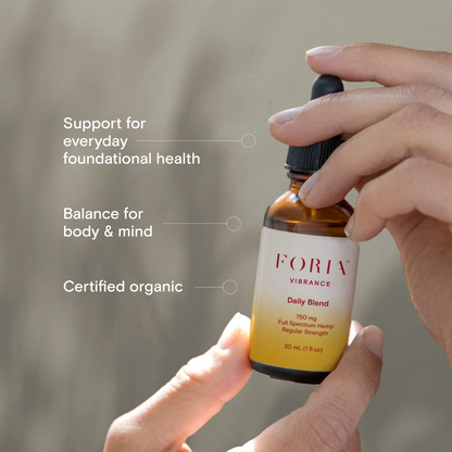 Infographic illustrating Foria Daily Blend oils and tinctures, showing bottle, ingredients, and usage tips for daily wellness.