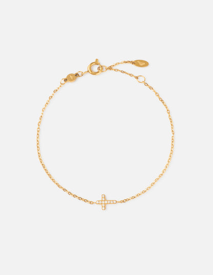 Dainty gem cross link bracelet by Elevated Faith featuring delicate chain and small sparkling cross charms.