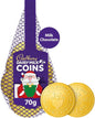 Dairy Milk Coins in a 70g net pack, featuring creamy milk chocolate coins from Dairy Milk, displayed on a white background.