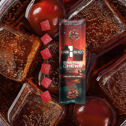 Dark Matter 2.0 Energy Stack energy chews by 1 Shot Energy in a vertical sleeve with vibrant 3D fruit background.
