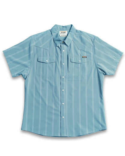 Mid blue short sleeve Daryll SS shirt by Off The Grid Surplus displayed on a hanger with a clean background.