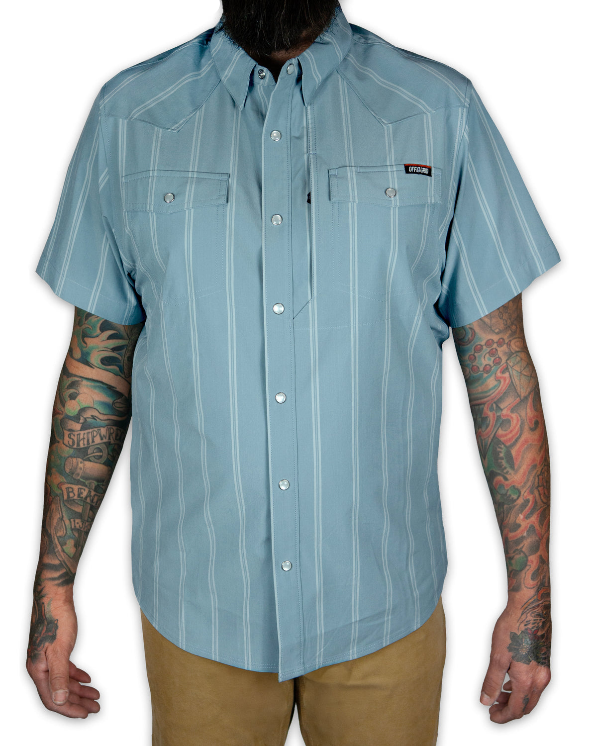 Short sleeve Daryll SS shirt in mid blue by Off The Grid Surplus, featuring a casual fit and classic collar.