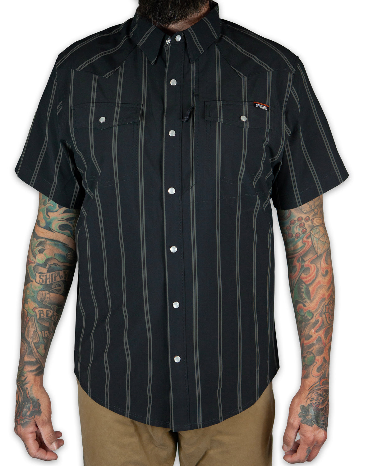 Short sleeve Daryll SS shirt in vintage black from Off The Grid Surplus, showing the classic fit and fabric texture.